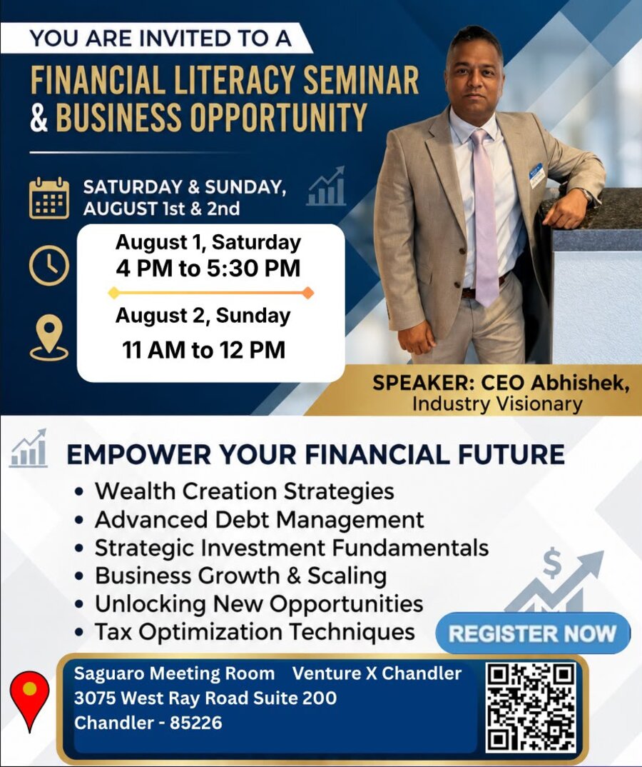 Chandler Arizona Financial Literacy Seminar and Business Opportunity flyer