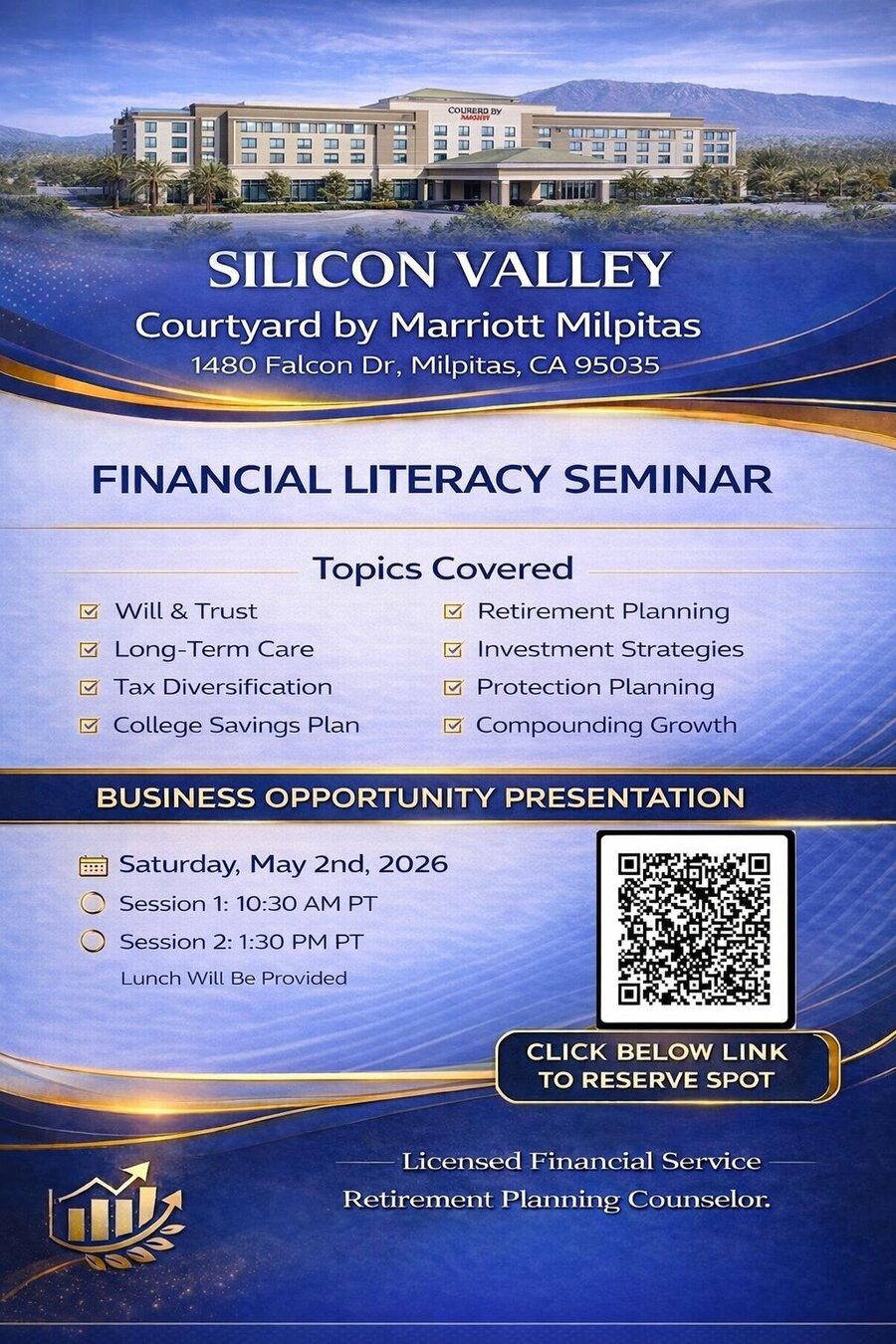 Silicon Valley Courtyard by Marriott Milpitas Financial Literacy Seminar flyer