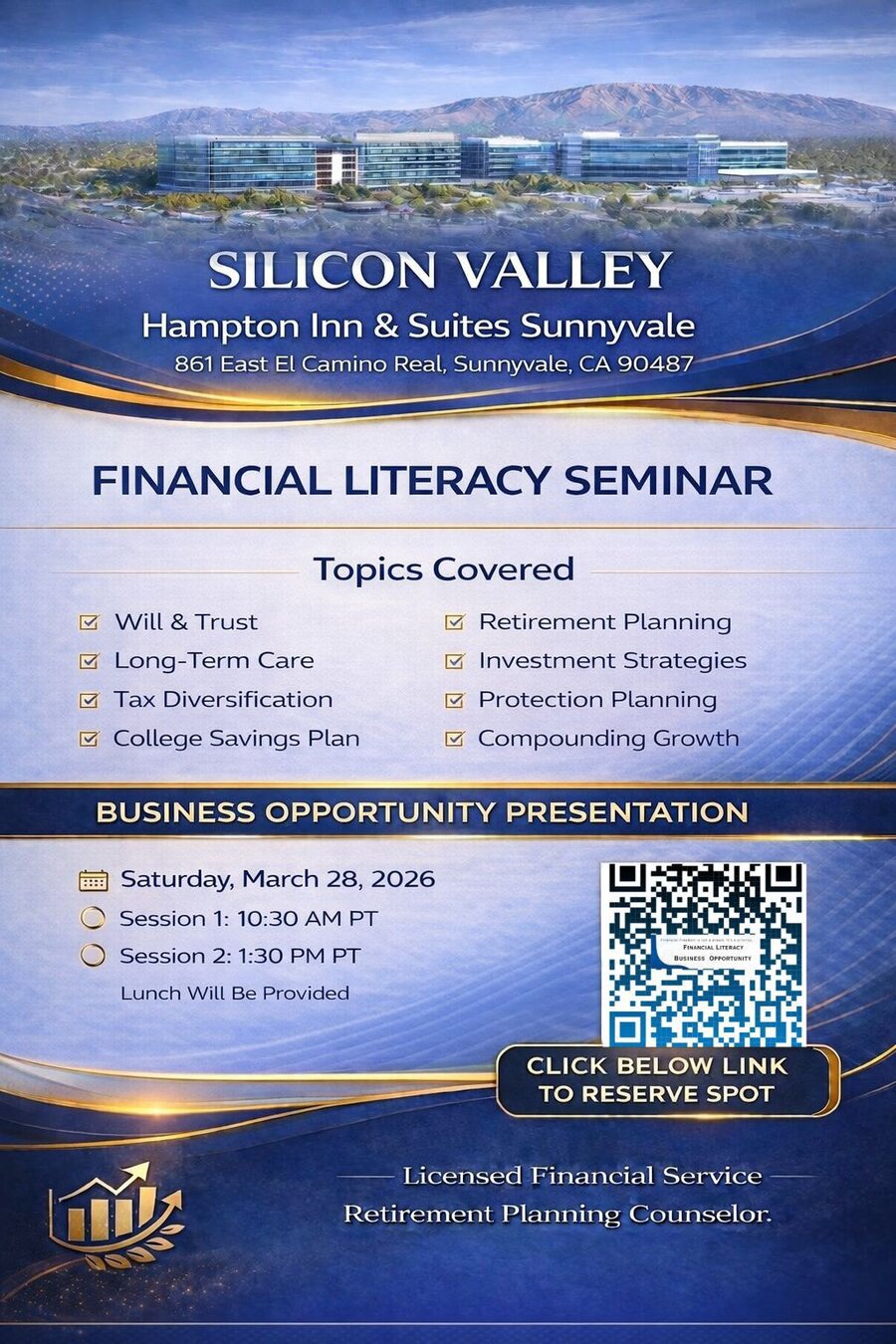 Silicon Valley Hampton Inn Sunnyvale Financial Literacy Seminar flyer